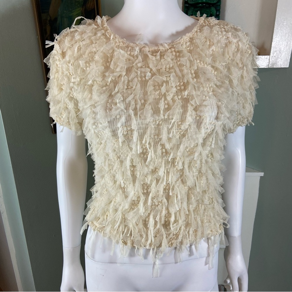 Zara Cream White Sheer Mesh Fringe Ribbon Textured Top Shirt Blouse Medium M